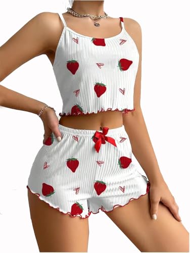 UNIQUEONE Cute Pajamas for Women Strawberry Print PJ Set Crop Cami Tops and Shorts Set 2 Piece Lounge Sets