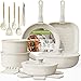 Juego de ollas y sartenes antiadherentes, Juego de 23 Ollas, Sarten Batería de Cocina, Juego de Sartenes con Mango Desmontable, Batería de Cocina Apto para Lavaplatos Y Horno (Blanco cálido)