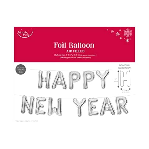 Eurowrap Happy New Year Foil Balloon Silver Air Filled Includes Ribbon Sticky Tabs and Inflating Straw Cover