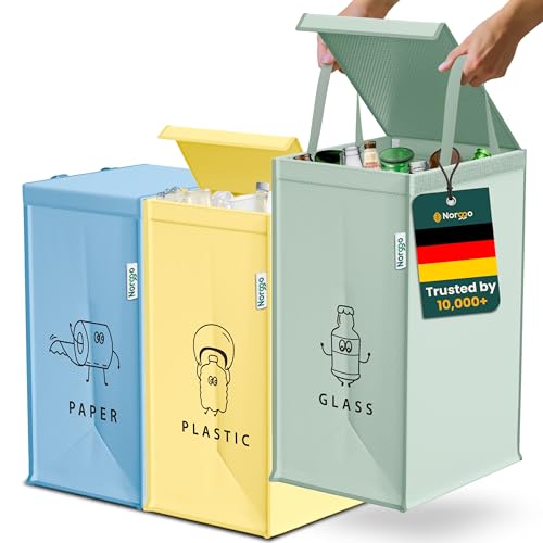 Norggo® Mülltrennsystem 3fach – Set aus 3 Mülltrennsysteme für Plastik, Papier und Glas – Recycling Behälter 40L mit Griff – Abfall & Recycling Lösung – Mülltrennsystem Küche – Altpapier & Altglas