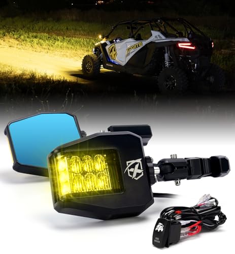 Xprite UTV Side Mirrors 2025 New Aluminum w/Amber LED Spot Light Amber Lens for 1.75-2 Roll Cage Bar Compatible with Pioneer Polaris RZR SXS Can Am X3 Kawasaki Teryx Mule Yamaha Rhino Wolverine