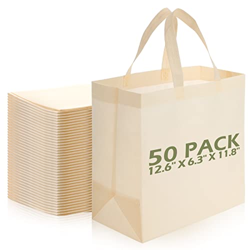 Reginary 50 Pieces Reusable Totes Bag Bulk Shopping Bags Non Woven Grocery handbag with Handles Foldable for Boutiques(Beige)