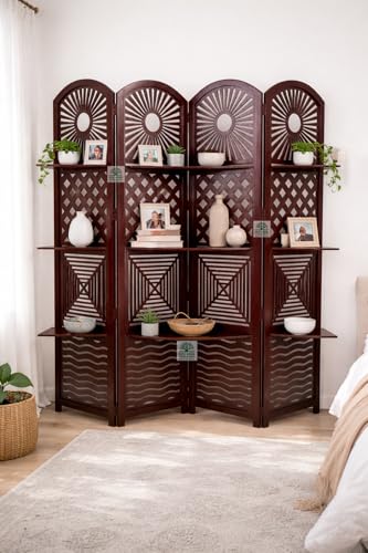 Image of Wooden Room Divider 6 Feet, 4-Panel Folding Wooden Partition for Living Room, Office, Pooja Room, Restaurant, Kitchen & Balcony (2W x 1.82H Meters). (Dark Brown)