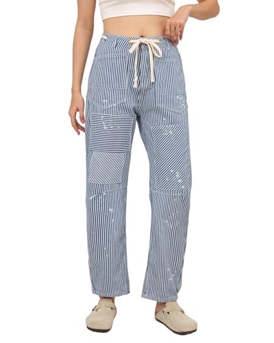 Kedera Women Striped Barrel Jeans Casual Loose Denim Jeans Wide Leg Baggy Pants Mid Waist Boyfriend Jeans Y2k