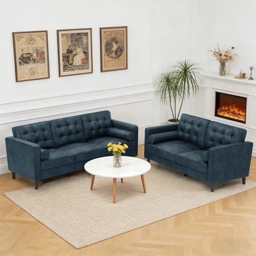 Image of Suede Leather Upholstered Sofa Set with Bolster Pillows, Blue | Tufted 2 Pieces Modern sofas with Bolster Pillows, 3 Seats Sofa and Loveseat with Sturdy Legs for Living Room, House