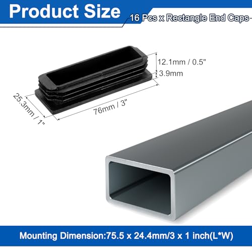Image of uxcell 16 Pcs Rectangle Tubing End Caps 3 x 1 Inch Plastic Hole Plugs Insert End Cap for Metal Tubing Post Chair Leg Table Bookshelves Furniture, Black