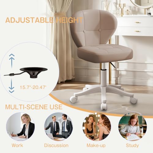 Image of Small Office Chair with Lumbar Support, PU Leather Armless Swivel Desk Chair Adjustable Height, Compact Rolling Chair for Home Office, Bedroom, Study (Khaki)