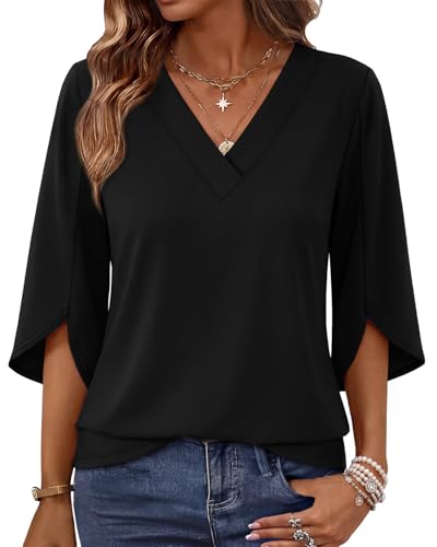 WIHOLL Womens Tops Summer Outfits 2026 V Neck Shirts Womens Blouses Dressy Casual Bell Sleeve Fashion Clothing