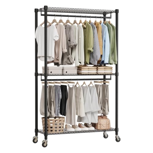 3 Tiers Adjustable Wire Shelving Clothes Rack with Double Rods and Wheels, Heavy Duty Rolling Garment Rack with Storage Shelves for Hanging Clothes, Portable Closet Organizer for Bedroom Laundry Room by SierraSquad - Used condition - US$71.40