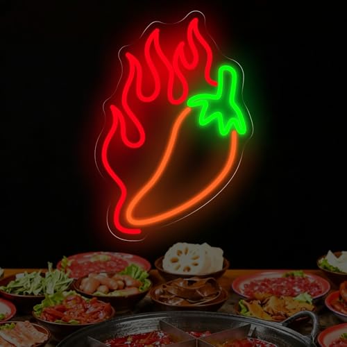 Image of Chili LED Neon Light Sign Spicy Food Restaurant Wall Art Decor, LED Wall Neon Sign Light For Beach Pub Fishing Club Sea Food Restaurant Shop Store Party Room Kitchen Decoration, 15.7 inchx10.8 inch