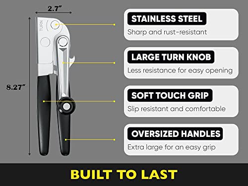 Sob Commercial Can Opener Manual Heavy Duty - Easy To Use With Comfortable Easy Crank Handle - Swing Grip Design, Hand Can Opener, Includes Built In Bottle Opener #TOP3
