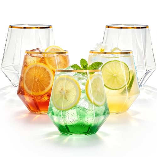 Image of Lullaby 40PCS 12Oz Stemless Plastic Wine Glasses Gold Rim, Diamond Design | Clear Disposable Wine Cups for Champagne Whiskey Cocktail, Perfect for Parties, Weddings and Daily Use