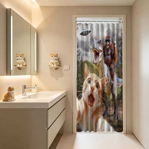 Image of Small Stall Shower Curtain Rv Cat Riding Dinosaur, 36 x 72 Inchs | for Camper Stand Up Shower, Funny Orange Cat Pattern Design, Narrow Bathroom Decor Sets Waterproof Cloth Fabric, with Hooks