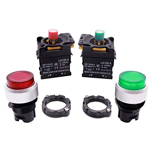 Mxuteuk 2Pcs High Head Red Green Led Light Voltage 110V-220V 22Mm 1No 1Nc Waterproof Ip65 Spst Latching Push Button Switch 10A 600V La155-A1-Gtrg #TOP5