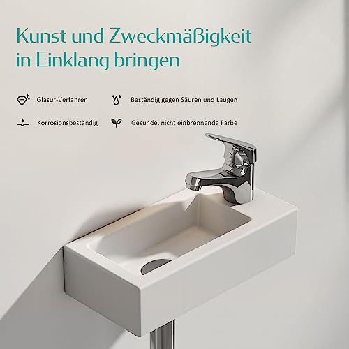 EMKE Waschbecken - Mini Hängewaschbecken für Badezimmer & Gäste-WC - 40 × 20 × 10 cm - Hochwertige KeramikWaschschale - rechteckig Armatur-Loch Rechte - Weiß – Bild 4