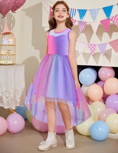 Image of Arshiner Girls Dresses Formal Party Wedding Tulle Sleeveless Contrast Mesh High Low Dress with Belt