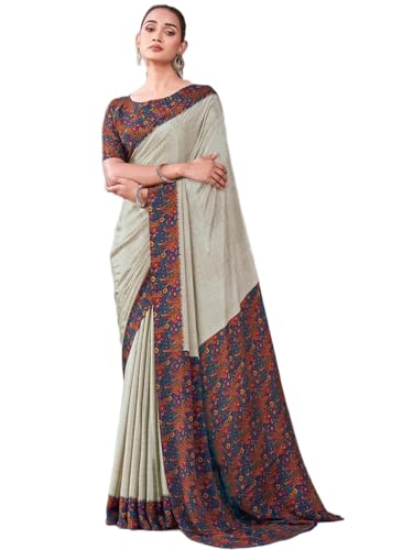 Image of Satrani Women's Crepe Printed Saree with Unstitched Blouse Piece