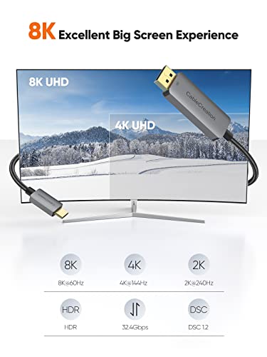 Image of CableCreation 8K Usb C To Displayport Cable 6Ft, Type-C To Dp 1.4 Cord 32.4Gbps, 8K@60Hz 4K@60Hz /144Hz 2K@165Hz, Thunderbolt 3 Compatible With Galaxy S22 Ultra, Macbook Pro /Air, Hp Xps 13 /15, Grey