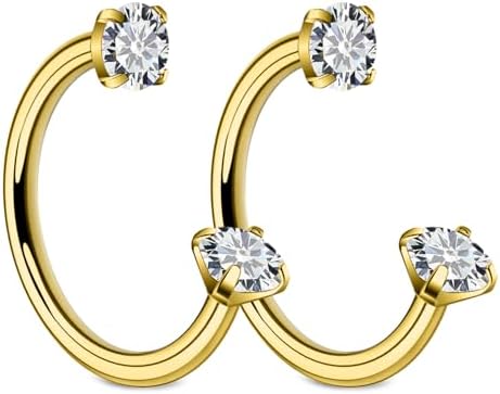 2 Pack Horseshoe Nose Ring - Surgical Steel Double Gem Nostril Piercing Jewelry, 18G 8mm Inner Diameter