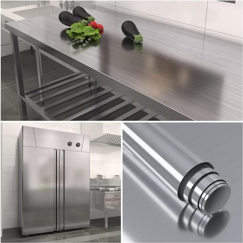 Image of Self Adhesive Silver Brushed Contact Wallpaper - Vinyl Removable Waterproof for Kitchen Cabinet Self Adhesive for Dishwasher Countertop Cabinet Drawer Shelf Liner (24x96Inch)