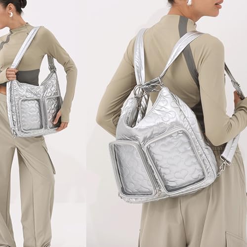 Quilted Puffer Tote Bag Heart Quilted Ita Bag Backpack Bubble Ita Bags Big with Convertible Strap Large Lightweight Cute Puffy Purse 2025 Everyday Work Party (Silver)2