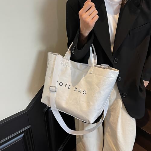 Image of PVC Tote Bag for Women Solid Color Large Letter Print Tote Bag Kraft Paper Clear Plastic Handbag Top Handle Bag