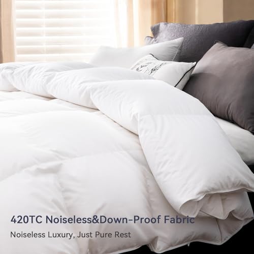 Globon Goose Down Comforter Queen Size, 800 Fill Power All Seasons Luxury Duvet Insert, Soft 420 Thread Count Noiseless Shell, Medium Weight with 8 Corner Tabs,White