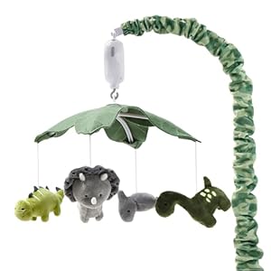 The Peanutshell Crib Mobile for Boys or Girls – Grey and Green Camo Musical Baby Crib Mobile with 12 Lullabies, Dino Baby Dinosaur Nursery Decor