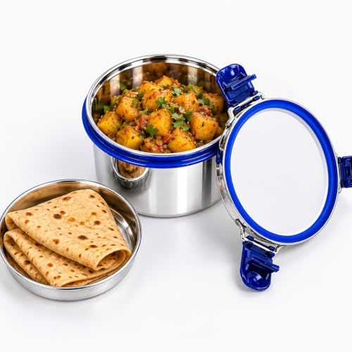 Image of Stainless Steel Lunch Box with Airtight Leakproof Lid,Easy to Clean Tiffin Box for Office,School & Kids,Navy Blue,Set of 1 (400ML) Tall