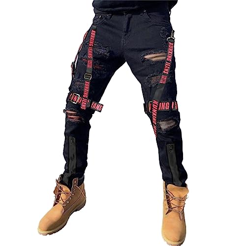 Men's Patchwork Jeans Slim Fit Hip Hop Fashion Straight with Zip Cargo Denim Pants