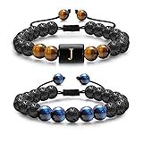M MOOHAM Tiger Eye Bracelet Men, Lava Rock Bracelets Initial Bracelet for Men Beaded Bracelets Mens
