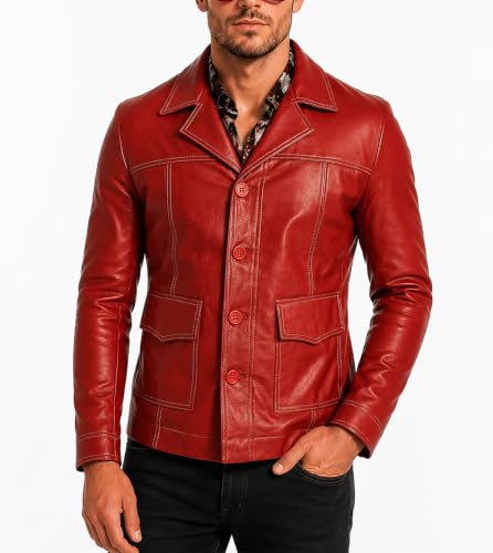 Image of Mens Fight Tyler Durden Brad Inspired Costume Leather Jacket | Short Lapel Collar Motorcycle Retro Racing Red Faux Leather Biker Jacket