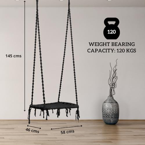 Image of Swingzy Cotton Pine Single Seater Swing Chair /Hanging Swing Chair for Home, Indoor, Outdoor, Patio, Balcony, Garden /Swing for Home /Jhula for Adults /Free Hanging Accessories (58x46,145 Cm, Black)