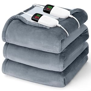 Manta eléctrica calefactora tamaño queen, 84 x 90 pulgadas, con control doble, 10 niveles y apagado automático tras 8 horas, franela suave, protección contra sobrecalentamiento, certificación ETL, FCC