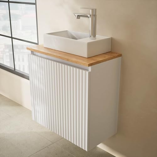 Planetmöbel Badmöbel Set Waschtisch mit Unterschrank 56 x 55 x 30 cm weiß, mit Waschtischarmatur & Waschbecken Ablaufgarnitur Chrom für Badezimmer, Gäste WC & Bad