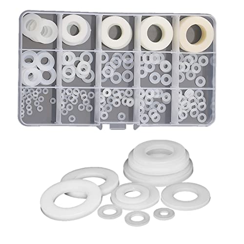 CONPHERON 215 Pieces White Nylon Flat Washer Assortment Kit M2-M18 for Screw Bolt, White Nylon Flat Washer Set (215pcs)