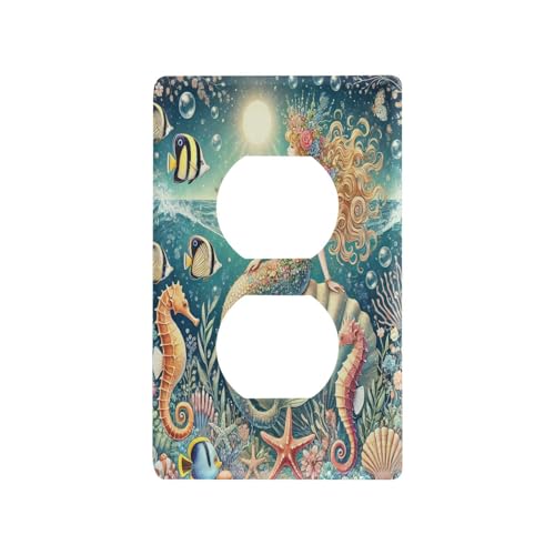 Mermaid Starfish Teal Light Switch Cover Decorative Receptacle Outlet Wall Plate Guard Plastic Wall Outlet Cover for Living Room Home Decor Kitchen (Duplex Outlets Cover)