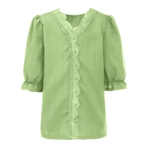 Kids Girls Elegant Plain Lace Shirts Solid V Neck Short Ruffled Sleeve Tops 2025 Trendy Casual Aesthetic Blouse Tees2