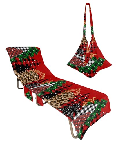 Christmas Tree Beach Chair Towel Covers for Chaise Lounge With Side Pocket, Soft Plush Pool Towels Cover for Patio Sunbathing Outdoor 29''x85'' Red Buffalo Plaid Green Leopard Dot