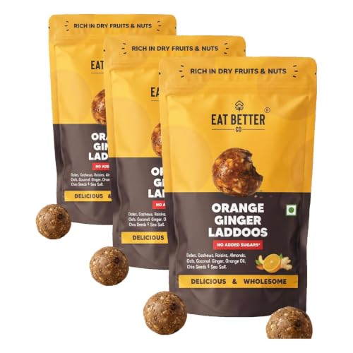 Image of EAT BETTER CO Orange & Ginger Sugar-Free Laddoos | Energy-Bar Replacement | 95% Dry-Fruits | High Protein & Instant Energy - Super Saver Pack Of 60 - Healthy Sweet No Added Sugar, 200 Gms