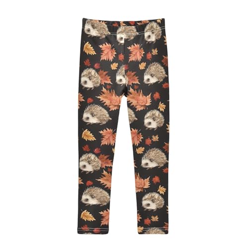 Autumn Hedgehogs Maple Leaves Girls Leggings Ultra Soft Compression Yoga Gym Pants for Kids 4-10T