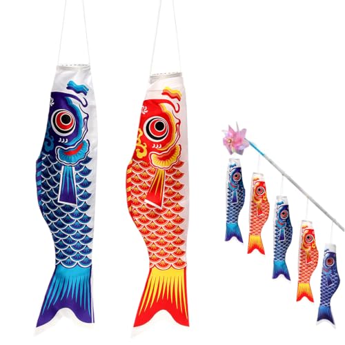 Paquete de 2 pegatinas coloridas con forma de carpa. Mangas de viento, 70 cm, adornos de paraguas de molino de viento con forma de carpa, adecuados para bares de sushi japoneses e izakayas.
