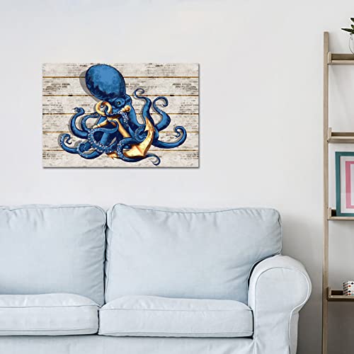 Tiuauit Octopus With Anchor Wall Art Navy Blue Marine Animal Picture Print On Canvas Ocean Life Wall Decor For Living Room Bedroom Home Office Wooden Framed Easy To Hang 16"X24" #TOP2