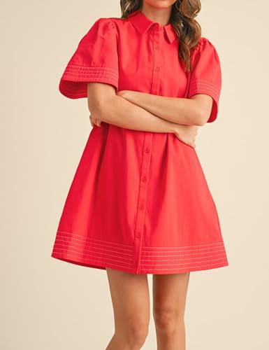Womens Short Sleeve Button Down Mini Shirt Dress Lapel Collar Short Dresses with Pocket2