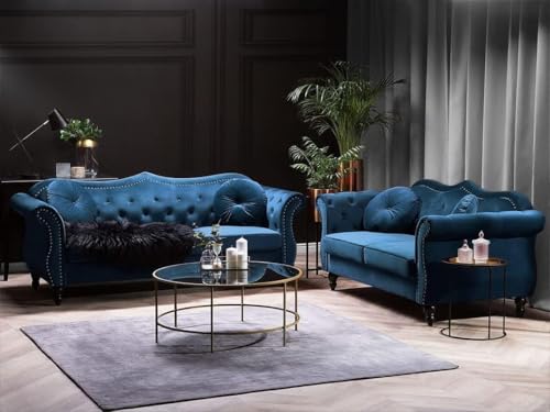 Image of Classic 3+2= 5 Seater Sofa Set Luxury Chesterfield Modern Fahionalable Sleeper Sofa for Living Room, Dining Room, (3+2 Blue TAZ)