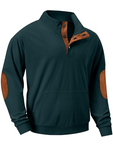 Image of JMIERR Mens Warm Corduroy Sweatshirt Casual Stand Collar Quarter Metal Button Pullover Sweaters Long Sleeve with Pockets, XL, Green