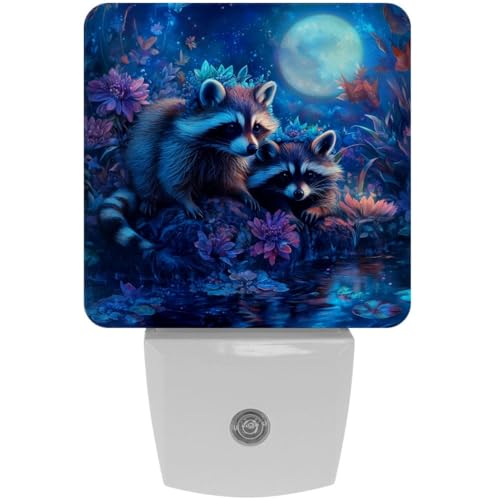 Image of NEWzone Raccoon Moon Night Light Set of 2, Auto Sensor LED Dusk-to-Dawn Nightlights, Plug-in Sensor Lamp for Bedroom Bathroom Kitchen Hallway Stairs Decorative