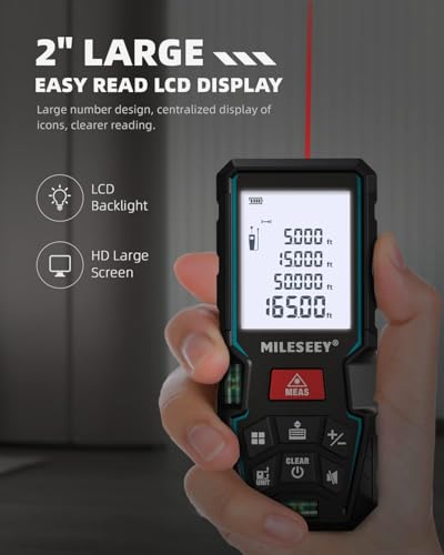 Image of 50m Digital Laser Distance Meter MiLESEEY with Electronic Angle Sensor, ±2mm Accuracy, Auto Level & Height Measurement, Area /Volume /Pythagoras Modes, Backlit LCD, IP54, Battery Included
