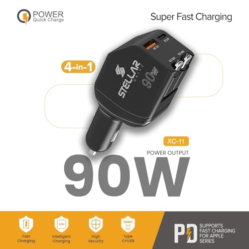 Image of Stellar Drive XC-11 4-in-1 Car Charger 90W, Built-in Retractable USB-C Cables, USB-C PD 30W + QC 3.0, Super Fast Charging, Compact Car Phone Charger iPhone Android Tablet GPS - Matte Black