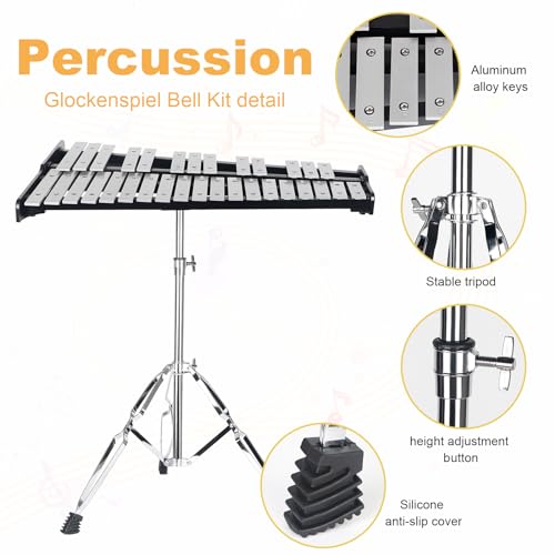 Image of Professional 32 Note Glockenspiel Xylophone Bell Kit for beginner :Muted Practice Pad Percussion Kit for Adult, with Three Types of Drumsticks, Adjustable Stand&Carrying Bag